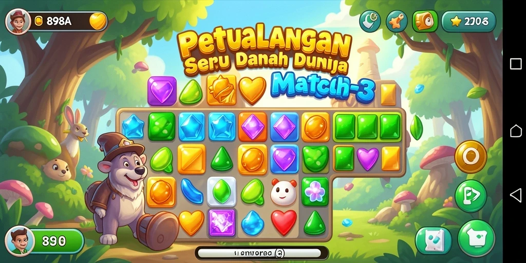 Tangkapan layar utama 898A menampilkan gameplay seru dengan permata berwarna-warni.