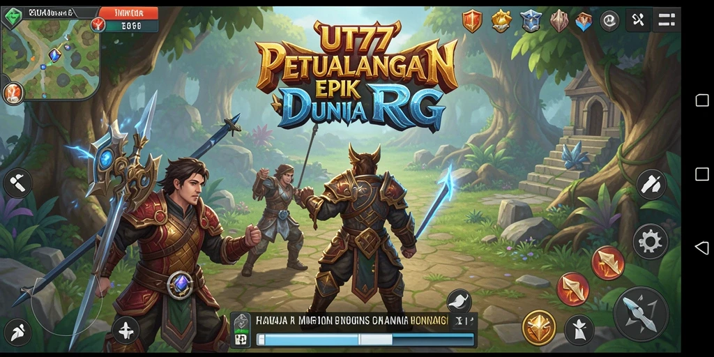 Screenshot utama UT77 menampilkan karakter dalam aksi pertarungan RPG.