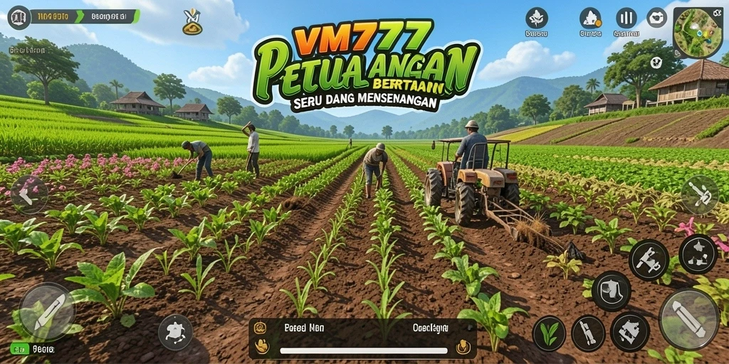 Screenshot gameplay VM777 menampilkan petani yang sedang merawat tanaman.